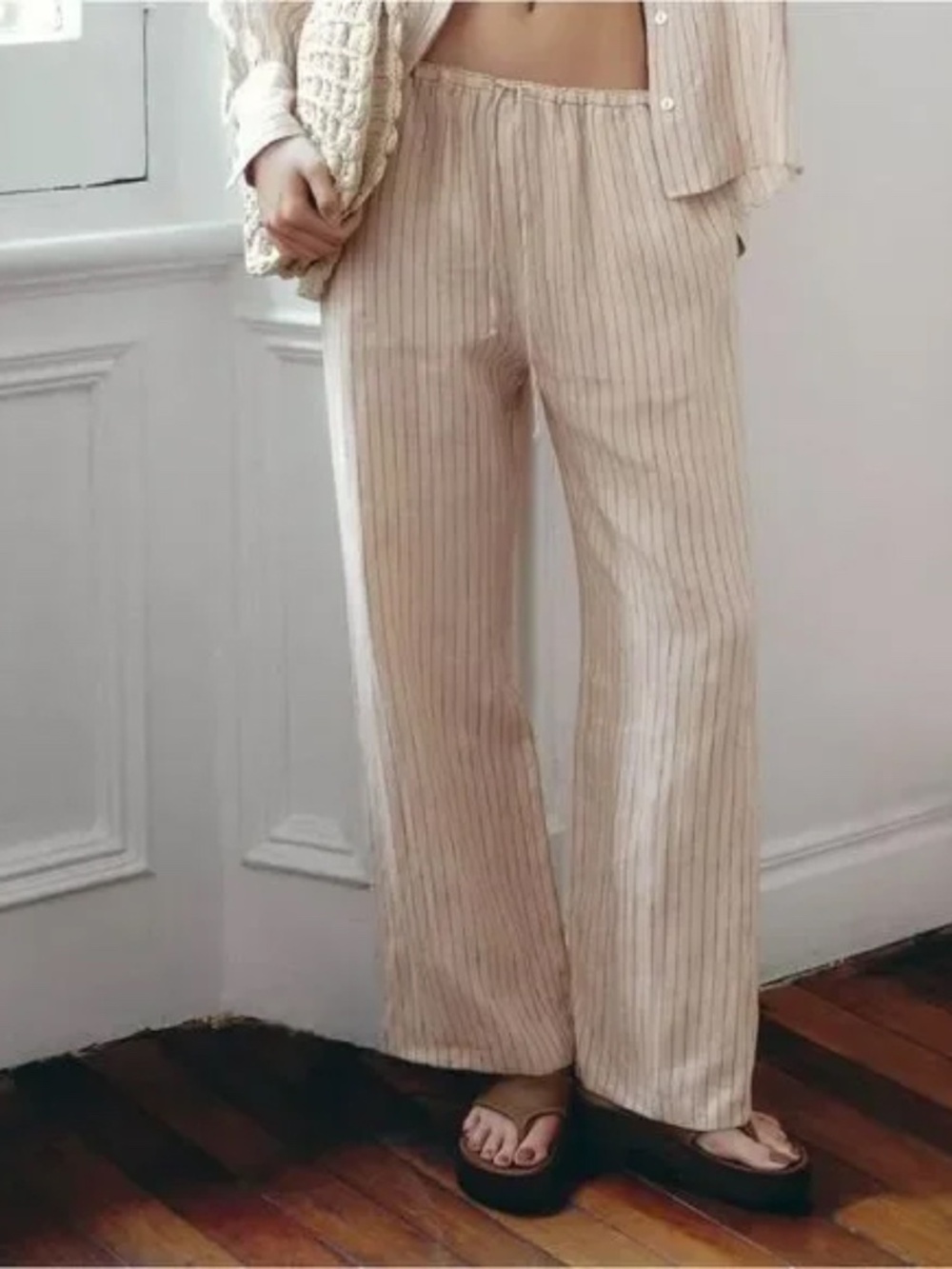 Zara Red Striped Linen Pants Size L NWT